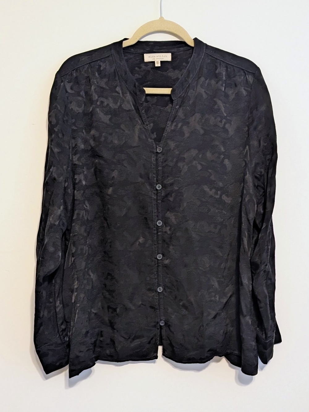 Side Stitch Black Jacquard Long-Sleeve Burnout Button Blouse Shirt Size Large